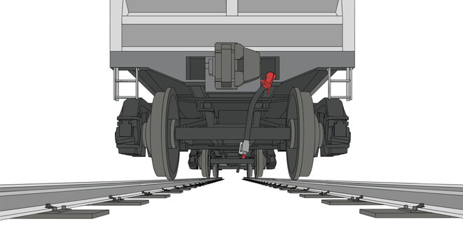 The intricate metallic undercarriage of a freight train wagon rests on parallel iron railway tracks with a prominent red connector cable dangling down against white backdrop.