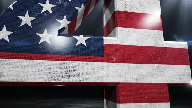 Large three dimensional number four with American flag texture on a dark stage for Independence Day celebration.