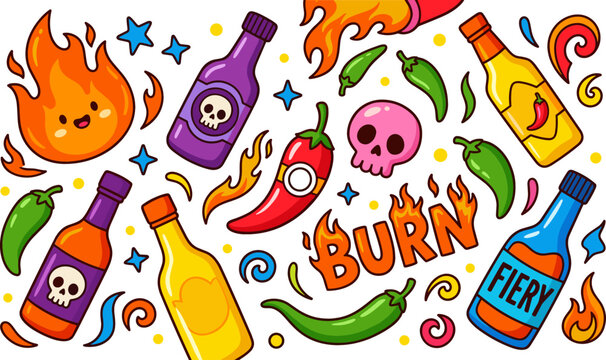 Playful Hot Sauce and Pepper Icon Set Featuring Fire, Bottles, and Fun Elements for Spicy, Fiery, and Flavorful Concepts