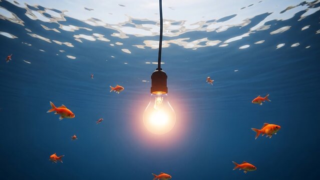 Creative underwater scene with a glowing light bulb hanging from above surrounded by colorful fish swimming in clear blue water ideal for aquatic themes and innovative ideas