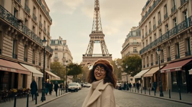Happy young woman wearing a beret and glasses enjoying a vacation on a street in Paris, France.