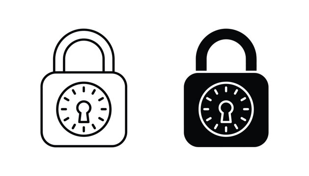 Padlock with circular combination dial outline and solid black icon set for digital security and data protection concepts isolated on white background