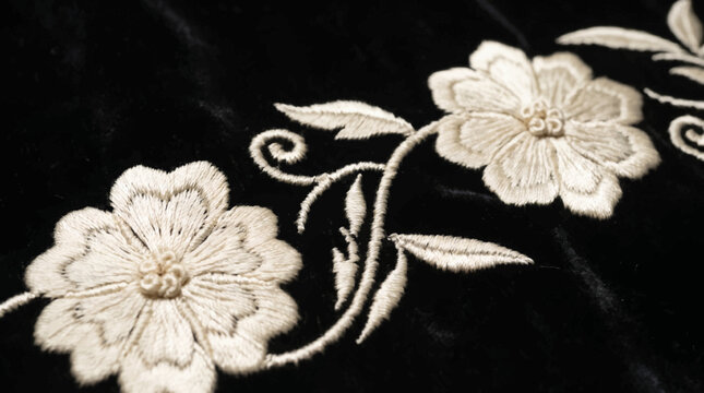 Close-up of white floral embroidery on black fabric border