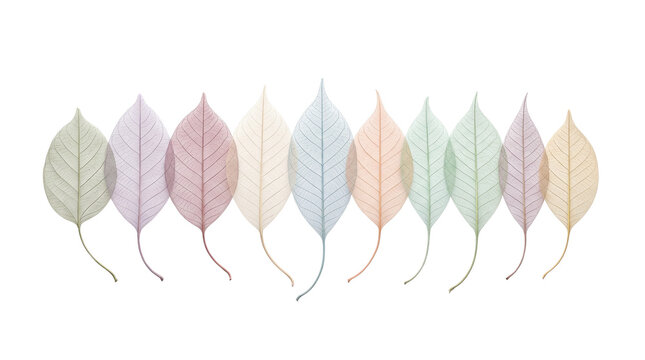 Pastel skeleton leaves in a row, delicate translucent leaf veins, soft multicolored botanical foliage, elegant transparent nature elements isolated PNG with Transparent Background