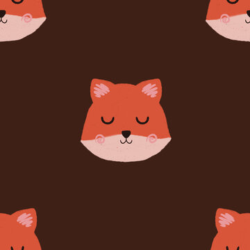 Cute seamless pattern with sleeping fox faces on a dark brown background. Cozy woodland animal illustration in warm orange tones and minimalist kawaii style. Ideal for nursery textiles, wallpaper, bab