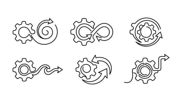 continuous line art Black line icons of gear turning.