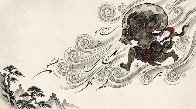 Japanese wind god Fujin illustration in traditional ink style