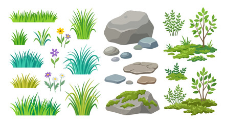 cartoon grass rocks and bushes collection on white background © PROMA