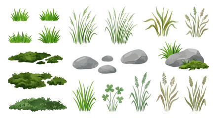 Watercolor grass and stones collection on a white background © PROMA