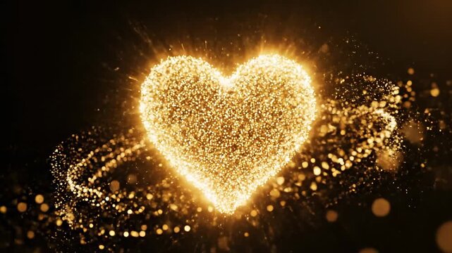 Glowing golden heart made of sparkling glitter particles on a black background for Valentine's Day celebration.