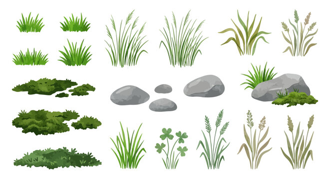 Watercolor grass and stones collection on a white background