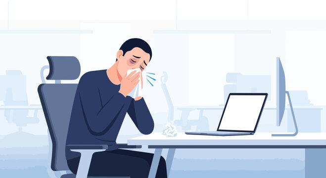 Ailing Office Employee Sneezing At Desk: Modern Work, Illness, And Healthcare Issues