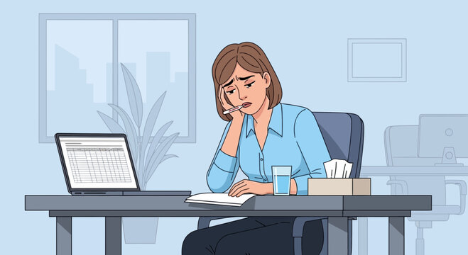 Ailing Woman At Her Workplace Examines Thermometer While Office Tasks Are Postponed