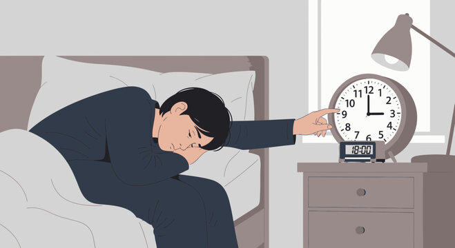 Alarm Clock: A Man Reaches to Turn Off Alarm As He Is Awakening on a Bed