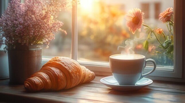 A warm cup of coffee and a fresh croissant sit on a wooden table by a sunlit window, offering a peaceful morning breakfast.