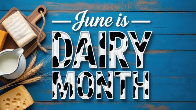 June is Dairy Month promotional graphic with milk, cheese and wheat on blue wood background