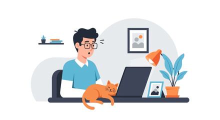 Fototapeta premium A man working on his laptop with his cat sleeping on the desk. EPS Editable. Vector Illustrations.