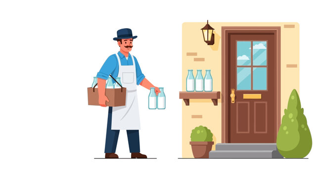 A milkman wearing a hat and apron delivering fresh milk bottles. EPS Editable. Vector Illustrations.