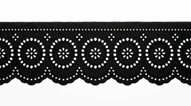 A flat lay of fine black cotton lace trim with floral patterns