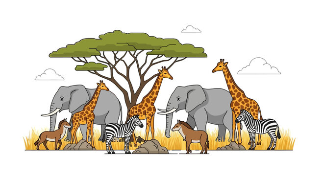 African Savanna Wildlife Gathering Under Acacia Tree. EPS Editable. Vector Illustrations.