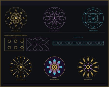 Sacred geometry mandala collection, gold and purple mystical symbols set, geometric tile patterns and borders, spiritual alchemy vector illustrations