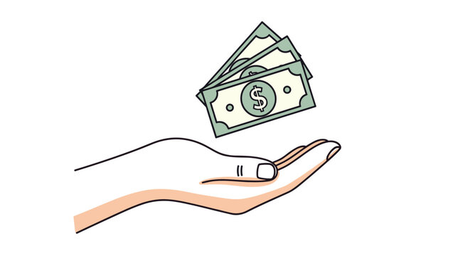 Hand reaching out to catch falling dollar banknotes representing financial abundance, quick profits, and money winning opportunities.