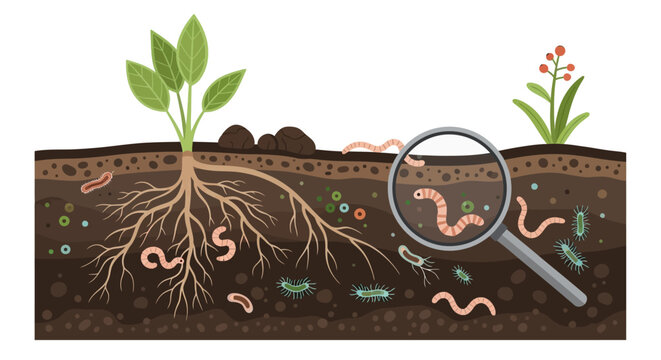 Cross section of soil with plant roots worms and magnifying glass. EPS Editable. Vector Illustrations.