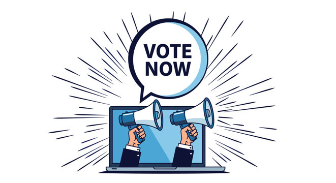 Two megaphones coming out of a laptop screen with a vote now speech bubble for online elections and political campaigns.