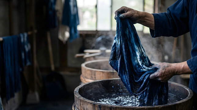 Artisan lifting indigo dyed fabric from wooden vat in workshop