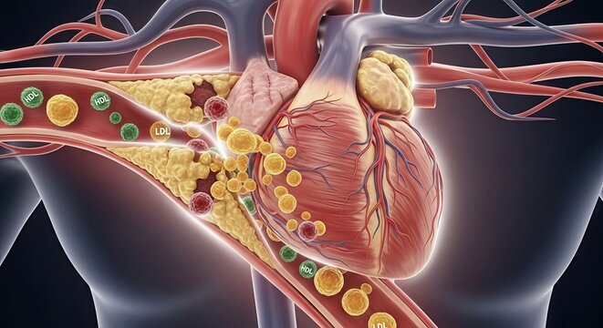 Metabolic process portrayal: lipid profile, healthy vessel, plaque formation, vascular blockage, heart disease, good lipoprotein, bad particle, blood restriction.