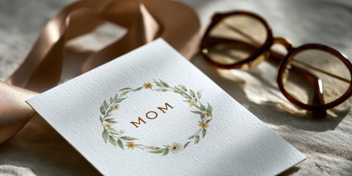 mothers day card design, a top-rated mothers day greeting card with a hand-painted floral wreath, vintage glasses, and mom in elegant gold foil warm and sentimental