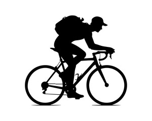 Obraz premium Cyclist Silhouette Riding Road Bike with Backpack Isolated on White