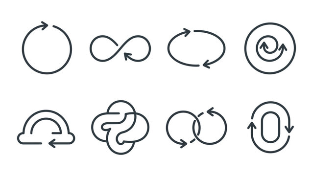 continuous line drawing a Eight black line icons depicting various looping and swirling arrow designs.