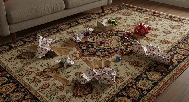 Festive Mess on Ornamental Rug After Gift Opening