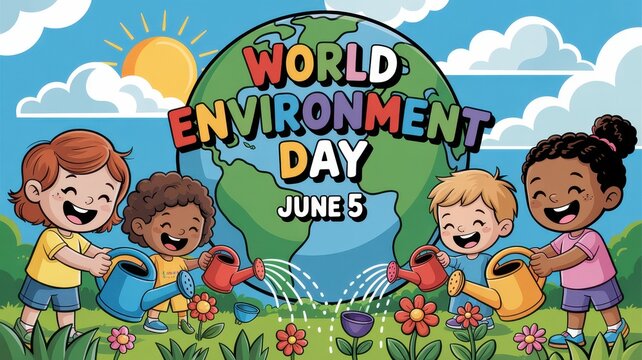 Group of diverse children watering plants and flowers for World Environment Day on June 5