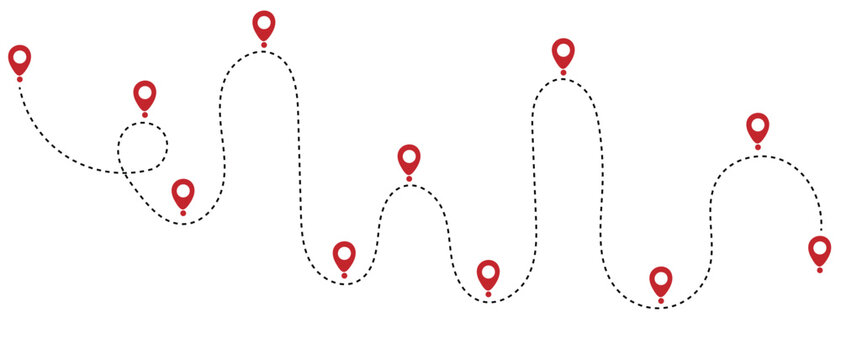 Dot line path route travel vector with location map pin icon. Route location icon 11 pin sign and dotted line. Vector illustration.