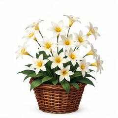 Obraz premium White Flowers in Wicker Basket with Green Foliage