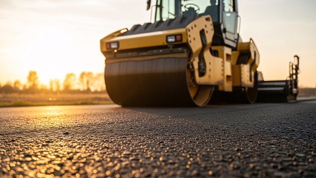 Heavy-duty yellow asphalt roller compactor working on road construction site during sunset for infrastructure development projects