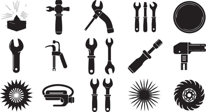 Collection of black silhouette tools and instruments