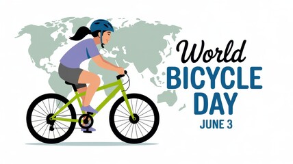 Fototapeta premium World Bicycle Day Illustration of Woman Cycling with World Map, Isolated on White Background