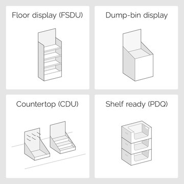 Types of promotional displays set icons for sale point. The outline icons are well scalable and editable. Contrasting elements are good for different backgrounds. EPS10.