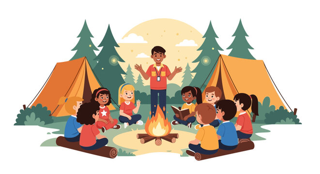 Group of diverse children sitting around a campfire listening to a scout leader tell stories at a summer camp. EPS Editable. Vector Illustrations.