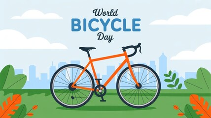 Fototapeta premium World Bicycle Day flat illustration with an orange bicycle in a park and city skyline background.