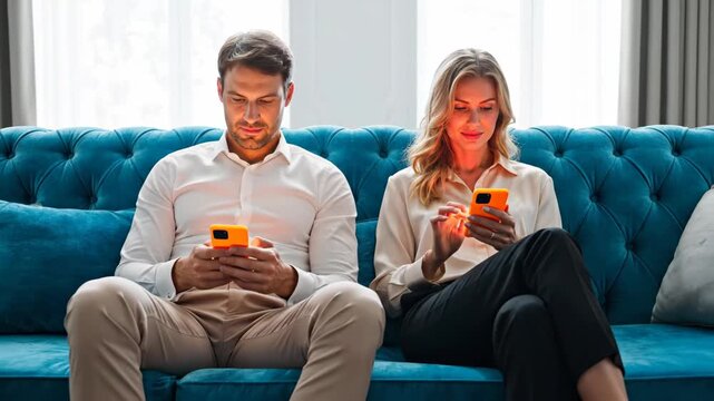 Couple sitting together on a sofa ignoring each other while using smartphones. Man and woman looking at mobile phones. Digital addiction and relationship problem concept