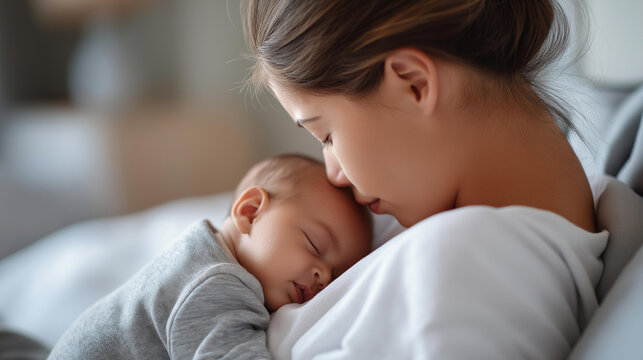 Rear view of a mother holding her newborn close while lying on a bed together, skin-to-skin bonding concept, early parenting lifestyle, tender newborn moment, defocused