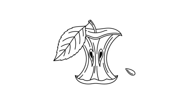 Hand drawn illustration of a bitten apple core with a leaf. EPS Editable. Vector Illustrations.