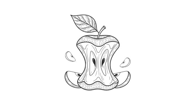 Hand drawn illustration of a eaten apple core with leaf. EPS Editable. Vector Illustrations.