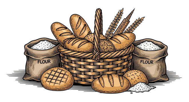 Hand drawn illustration of fresh bread basket with flour sacks. EPS Editable. Vector Illustrations.