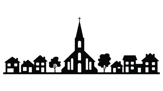 black silhouette of a small town with a church and houses