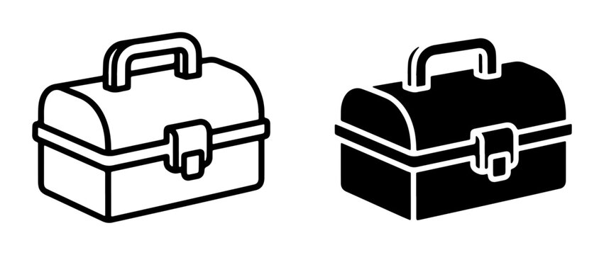 Minimalist toolbox vector icons, industrial tool box line and silhouette symbols, metal storage container for construction hardware and equipment